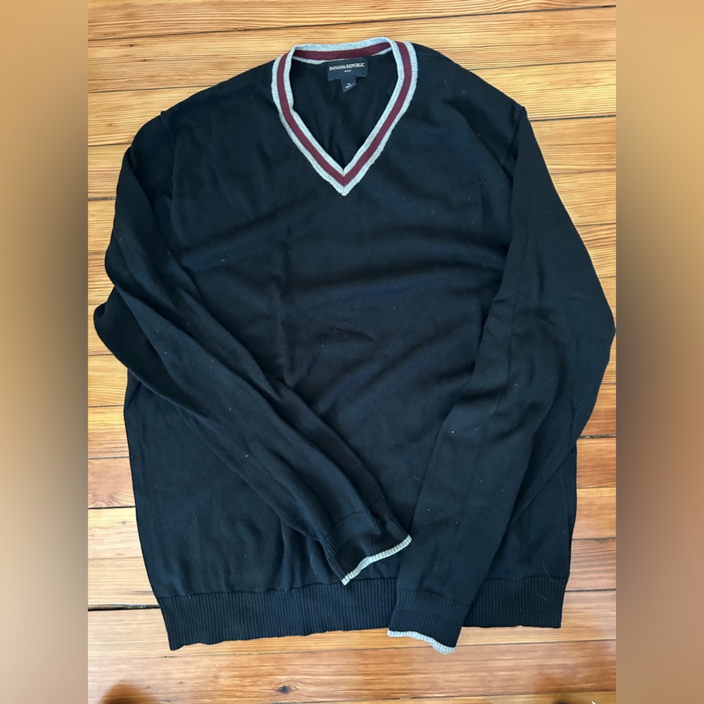Banana Republic Black V-Neck Sweater with Red and White Trim